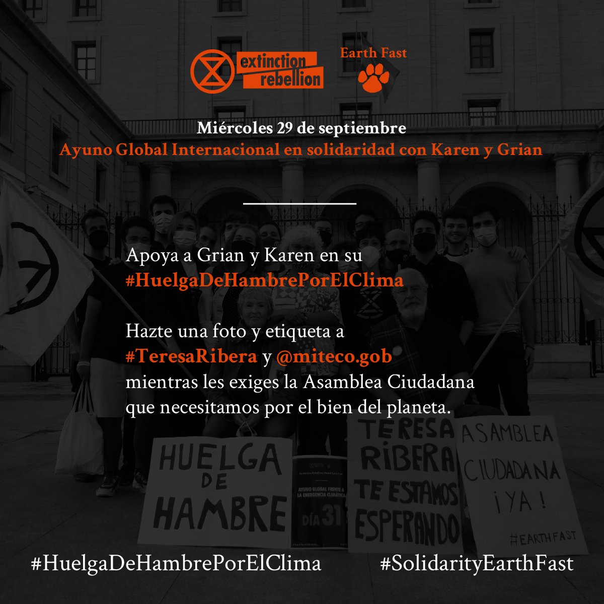 esXrebellion's tweet photo. 🙅🏽‍♀️ No basta con buenas palabras, @mitecogob y @TeresaRibera . 

Se requiere un compromiso radical con el planeta y con el futuro de todos/as, tan rotundo como el de Karen y Grian, que llevan 33 días de #HuelgadeHambreporelClima .

Hay mucho en juego. 🌍🔥

#SolidarityEarthFast https://t.co/2KN8H8hyD9