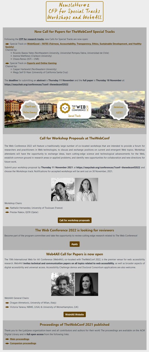 The Web Conference (@thewebconf) on Twitter photo #TheWebConf Newsletter#2 is out! www2022.thewebconf.org/newsletter-02/📬Info on: TheWebConf CFPs for Workshops and Special Tracks, reviewers, Web4All CFP and #www21 proceedings.
<a href="/esimperl/">Elena Simperl</a>, D.Agarwal, <a href="/gionis/">Aris Gionis</a>, <a href="/PolarBearby/">Ricardo Baeza-Yates</a>
<a href="/jeanna_matthews/">Jeanna Matthews also @jeannamatthews@newsie.social</a> <a href="/ChiaraRenso/">Chiara Renso</a> <a href="/magiseif/">Magy Seif El-Nasr</a>
@casperharteveld <a href="/w4a_conference/">The W4A Conference</a> #TheWebConf Newsletter#2 is out! www2022.thewebconf.org/newsletter-02/📬Info on: TheWebConf CFPs for Workshops and Special Tracks, reviewers, Web4All CFP and #www21 proceedings.
<a href="/esimperl/">Elena Simperl</a>, D.Agarwal, <a href="/gionis/">Aris Gionis</a>, <a href="/PolarBearby/">Ricardo Baeza-Yates</a>
<a href="/jeanna_matthews/">Jeanna Matthews also @jeannamatthews@newsie.social</a> <a href="/ChiaraRenso/">Chiara Renso</a> <a href="/magiseif/">Magy Seif El-Nasr</a>
@casperharteveld <a href="/w4a_conference/">The W4A Conference</a>
