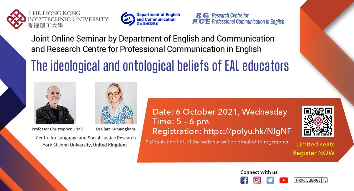 HKPolyUENGL's tweet photo. The two speakers @lsjysj @YorkStJohn will discuss ontological analysis in teacher development programmes, allowing educators to reflect on social injustices in the educational system. Registration👉https://t.co/f1GgM4uBzS @CCunninghamyork @AcademicChatter @OpenAcademics https://t.co/RX4rvDyLRF