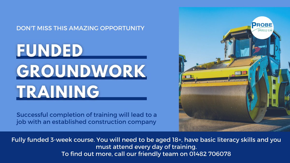 ProbeHullLtd's tweet photo. Don't miss this AMAZING OPPORTUNITY for fully Funded Groundwork Training! Successful completion of the course will lead to a job with an established construction company. Contact our team on 01482 706078 for more information. #hulljobs #hulltraining #opportunity #jobsinhull https://t.co/Hgp3mch0z4