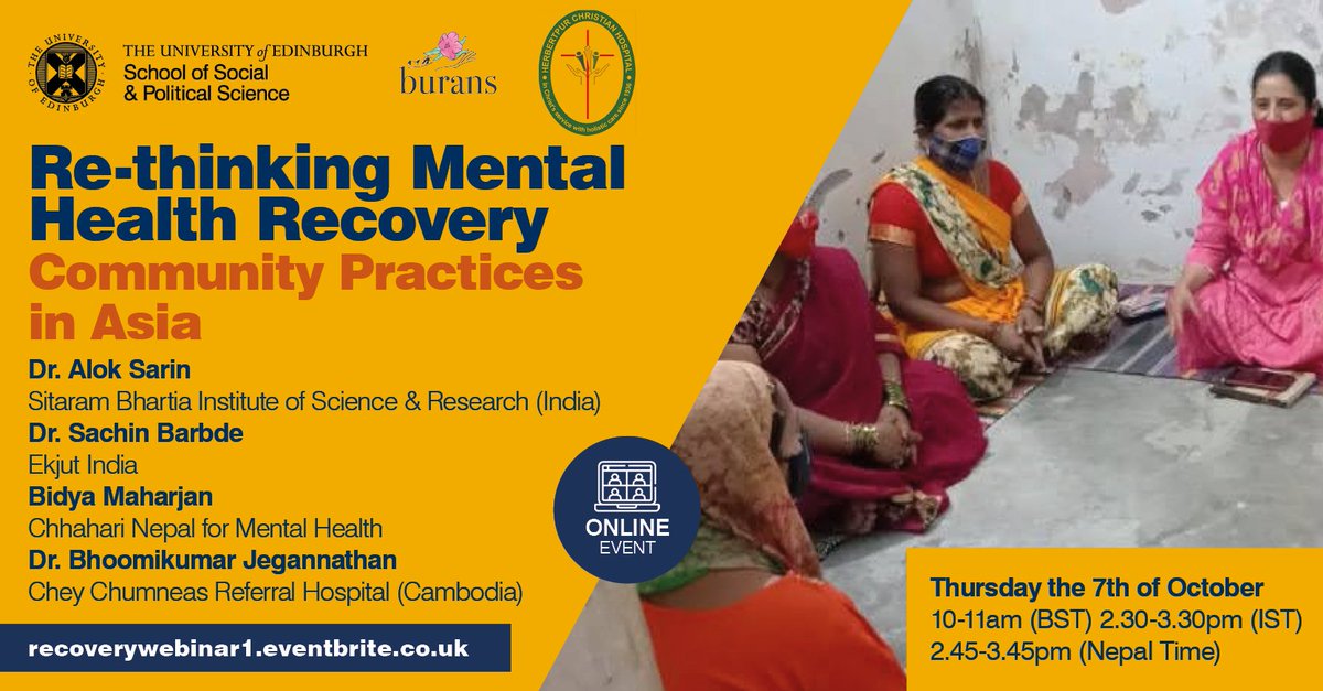 uoessps's tweet photo. Join us on Thursday 7 October for the first in a series of webinars on mental health and recovery co-hosted by the University of Edinburgh Global Mental Health network &amp; Burans.
Info and booking:
https://t.co/Wjxcic0Gzc

@SumeetJain_SKB 
@Pia_noelcue 
@KaarenMathias https://t.co/ESqeoTp3HY