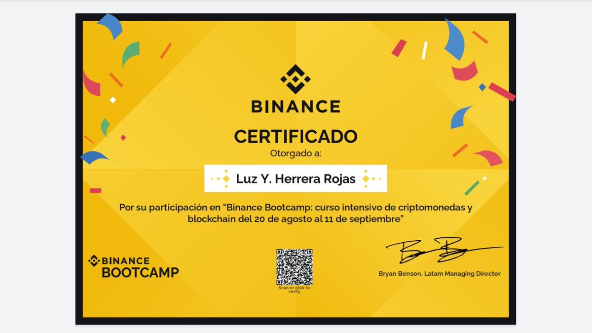 lyn_hr's tweet photo. Feliz por mi 1er certificado registrado en la blockchain de BSC, por mi participación en el #BinanceBootcamp Curso Intensivo de Criptomonedas y Blockchain. Emitido por @myEvidenZ 😎🚀 https://t.co/GYlQDgZOy8