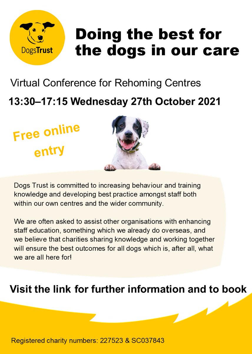 DTScholars's tweet photo. Our free, virtual conference for rehoming centres is back on the 27th October! 🐕

Talks will be delivered by our brilliant team members &amp; will cover the full rehoming process &amp; post-adoption support.  🐾

Find the full programme and register here 👉 https://t.co/oxqOnqxLXX https://t.co/FAwth5GgpG