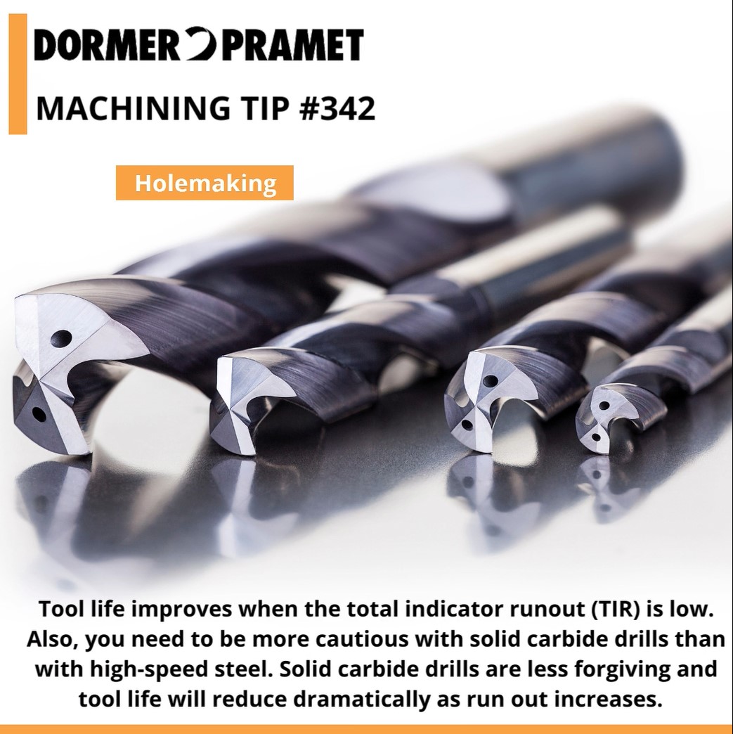 DormerPramet's tweet photo. #Machiningtip 342: Tool life improves when the total indicator runout (TIR) is low. Also, you need to be more cautious with solid carbide drills than with high-speed steel. Solid carbide drills are less forgiving and tool life will reduce dramatically as run out increases. https://t.co/EOMIP1ABK4