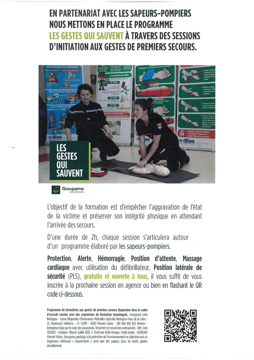 Du 4 au 9 octobre le SDIS 22 et l'UDSP22 organisent des sessions gratuites de formation aux gestes de premiers secours dans le cadre d'un partenariat avec Groupama.

Alors, N'HESITEZ-PAS et inscrivez-vous via le site : groupama.fr/regions/loire-…
