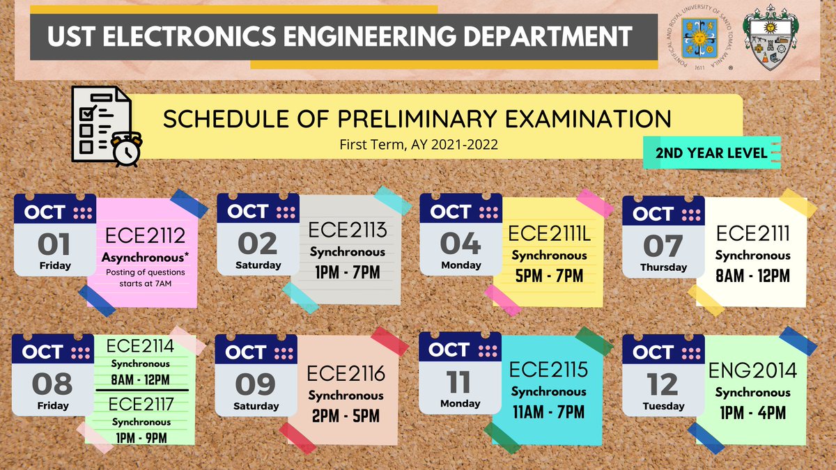 ust_ecedept's tweet photo. Good day, Thomasian ECE students!

The ECE Department will have its 𝗣𝗿𝗲𝗹𝗶𝗺𝗶𝗻𝗮𝗿𝘆 𝗘𝘅𝗮𝗺𝗶𝗻𝗮𝘁𝗶𝗼𝗻 on 𝗢𝗰𝘁𝗼𝗯𝗲𝗿 𝟭, 𝟮, 𝟰, 𝗮𝗻𝗱 𝟱, 𝟮𝟬𝟮𝟭 for the Laboratory courses and 𝗢𝗰𝘁𝗼𝗯𝗲𝗿 𝟳 - 𝟭𝟮, 𝟮𝟬𝟮𝟭 for the Lecture courses.  (1/2) https://t.co/8AFnH0pEkV