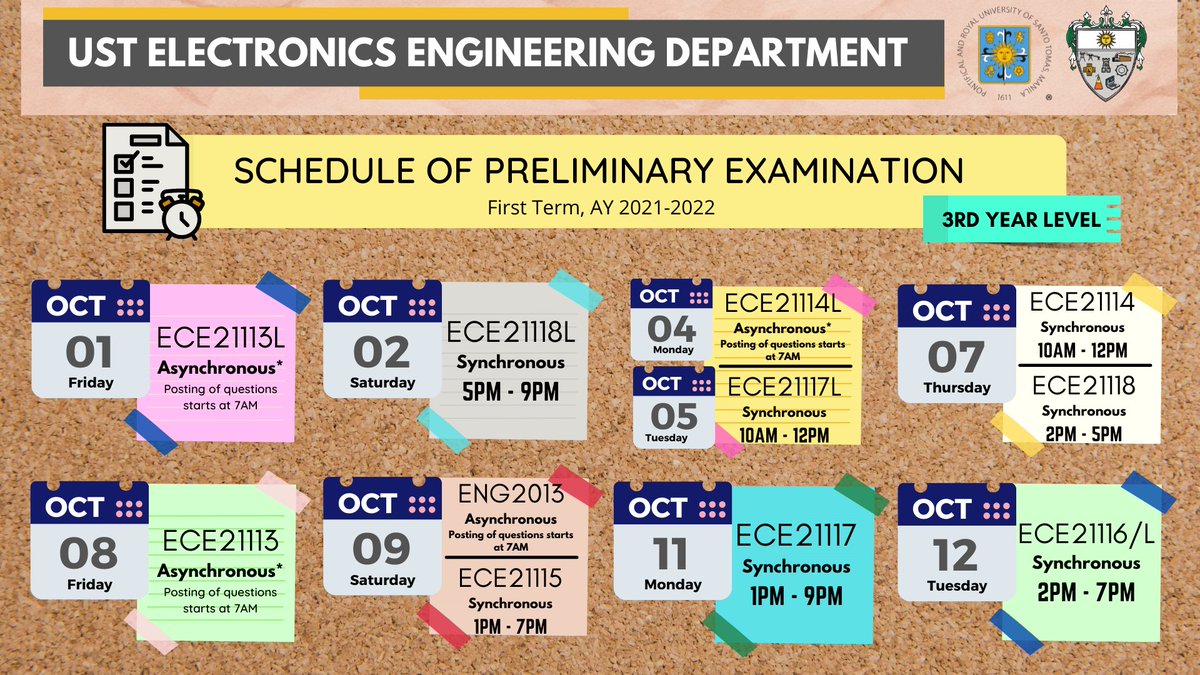 ust_ecedept's tweet photo. Good day, Thomasian ECE students!

The ECE Department will have its 𝗣𝗿𝗲𝗹𝗶𝗺𝗶𝗻𝗮𝗿𝘆 𝗘𝘅𝗮𝗺𝗶𝗻𝗮𝘁𝗶𝗼𝗻 on 𝗢𝗰𝘁𝗼𝗯𝗲𝗿 𝟭, 𝟮, 𝟰, 𝗮𝗻𝗱 𝟱, 𝟮𝟬𝟮𝟭 for the Laboratory courses and 𝗢𝗰𝘁𝗼𝗯𝗲𝗿 𝟳 - 𝟭𝟮, 𝟮𝟬𝟮𝟭 for the Lecture courses.  (1/2) https://t.co/8AFnH0pEkV