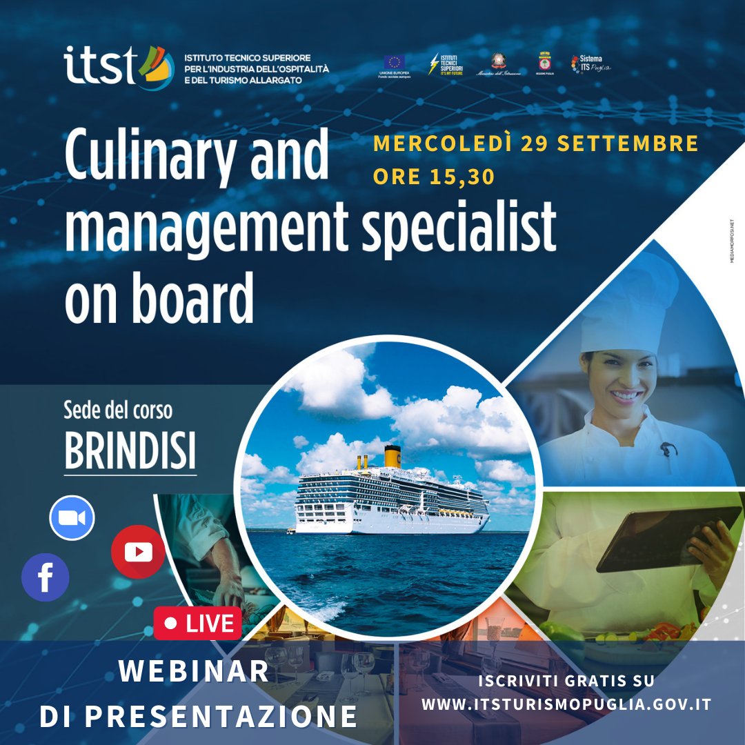 Nuovo appuntamento con il Webinar: dalle 15.30 presenteremo il percorso in "Culinary and Management specialist on board" con Costa Crociere Spa, Comune di Brindisi e l’IPEOA Sandro Pertini di Brindisi. Seguici su Zoom o sulla pagina Facebook. Ti aspettiamo
us02web.zoom.us/webinar/regist…