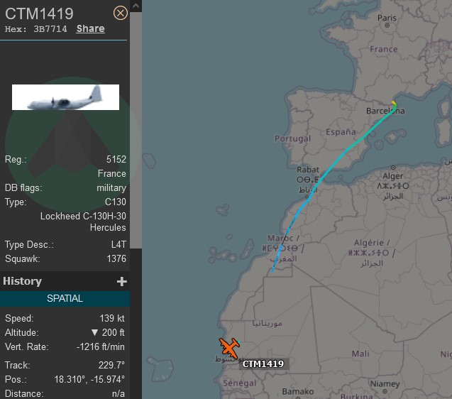 Laurent_Le_Bloa's tweet photo. #Barkhane 
French Special Forces operating in #Mauritania ?
French AF C130 #CTM1419 landing in #Nuakchott today at 08h00UTC 
Aircraft departed yesterday from Evreux AFB ( #GAM56 "Vaucluse" #DGSE) via Orleans AFB #CPA10 #CPA30 &amp; #Perpignan #CPIS #DGSE )
@fabsenbln
@maleshov https://t.co/ihdxfQUxHG