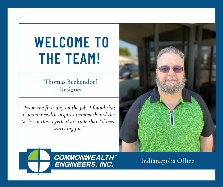 CommonwealthEng's tweet image. We are delighted to welcome Thomas Beckendorf to our Indianapolis #CAD Department! We are excited to have you, and look forward to seeing you grow with Commonwealth. Welcome to the Team! #newhire #teamcommonwealth