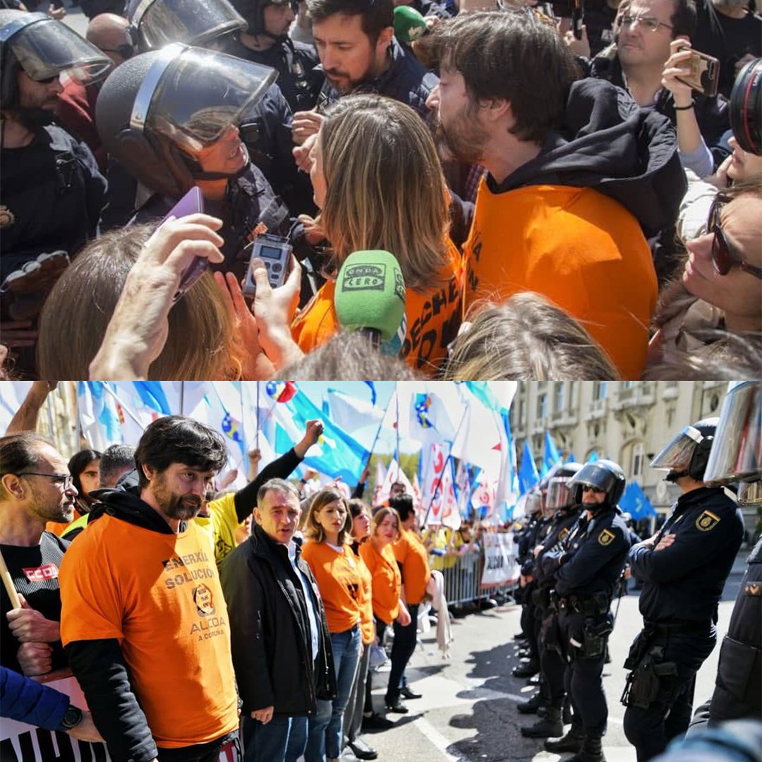 PODEMOS's tweet photo. La ministra de Trabajo, en 2019, mediando con la policía y apoyando a la gente de Alcoa que protegía su trabajo. Esto es defender la patria y no las pulseritas en la muñeca.

Orgullo, Yolanda Díaz 💜 https://t.co/3zMuvns4G5