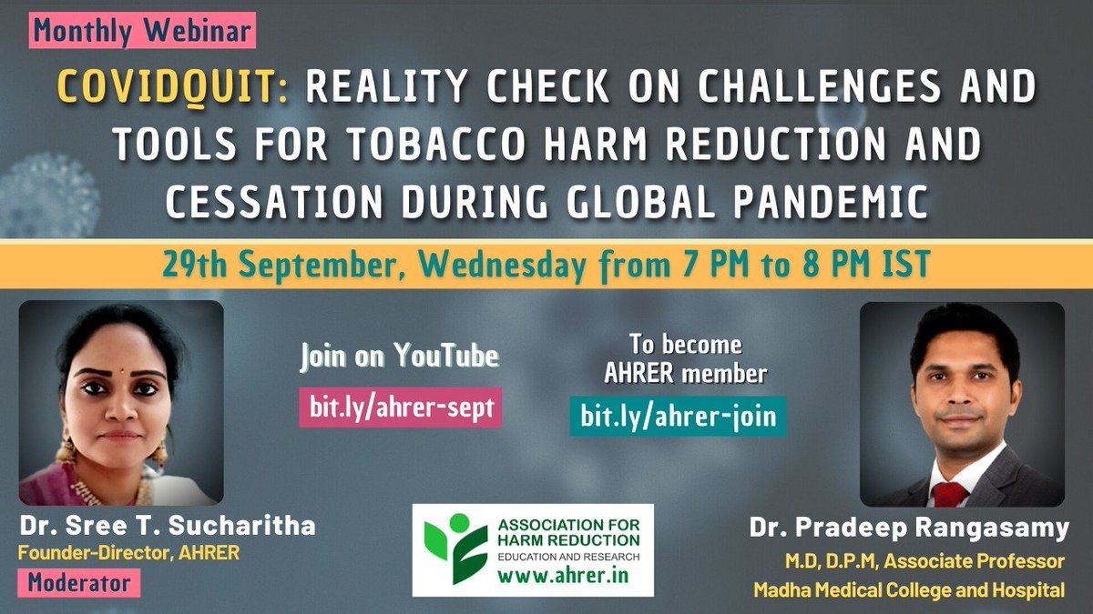 The Association for Harm Reduction Education and Research (AHRER) is hosting a monthly webinar on September 29, 2021 at 7-8 PM IST. To set a reminder on YouTube: bit.ly/ahrer-sept