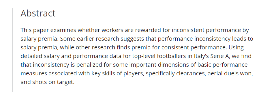 uzh_crsa's tweet photo. The authors find that inconsistency is penalized for some important dimensions of basic performance measures associated with key skills of players, specifically clearances, aerial duels won, and shots on target. https://t.co/k2hrRiIDEA