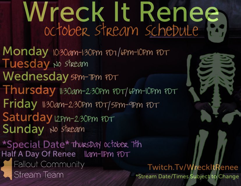 WreckItRenee's tweet photo. 👻🎃October Stream Schedule 🎃 👻
https://t.co/vSKVS2fk1Y
#Fallout76 #Fallout #Twitch #FalloutCommunityStreamTeam https://t.co/5uwfpFeIG4