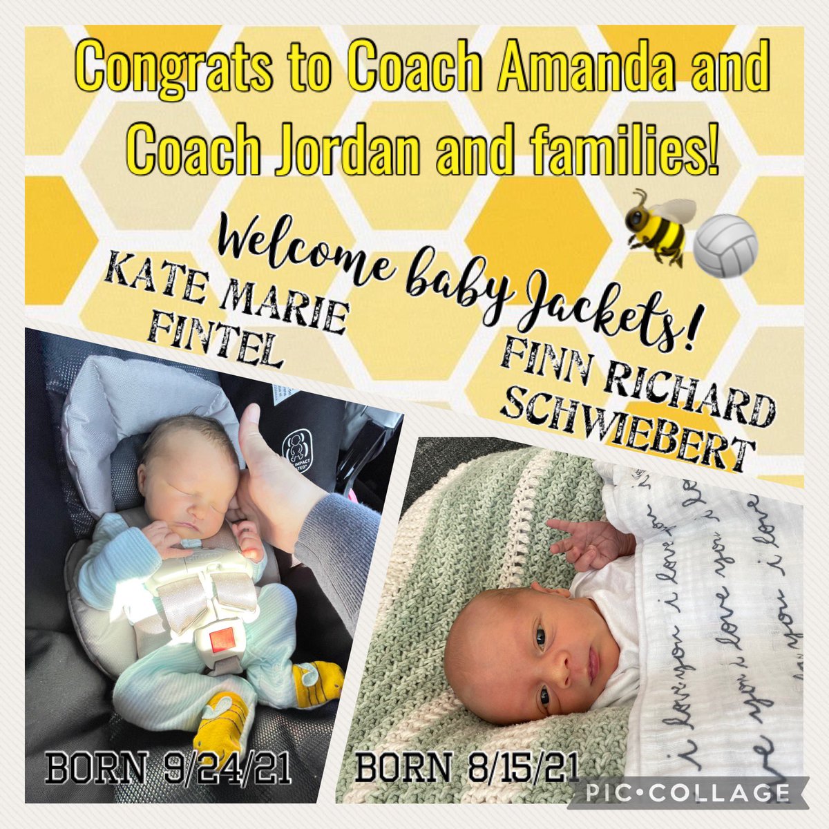 PHSVarsityVball's tweet photo. 👶🏼🏐👶🏼 The Perrysburg Volleyball family has grown!! We welcome Kate and Finn to our Jacket 🏐 wolfpack this fall! Congrats to Coaches Schwiebert and Fintel families! 💛🖤💛🖤 https://t.co/bAvcQjJHww