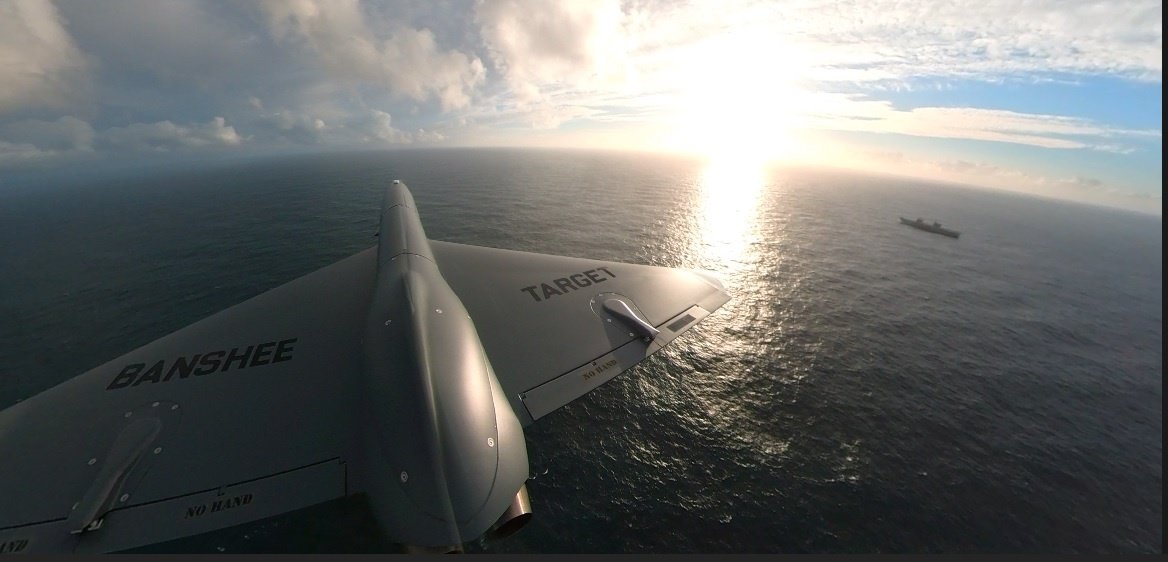 HMSPWLS's tweet photo. A flight into the the future!

We've conducted the first jet drone launches from a @RoyalNavy ship! 

An @HMSPWLS &amp; @QinetiQ team collaboration to successfully launch the #Banshee.

🚢🛫🕹 

#PWLSatSea #Wholeforce #NATO https://t.co/io9iWgE4W1
