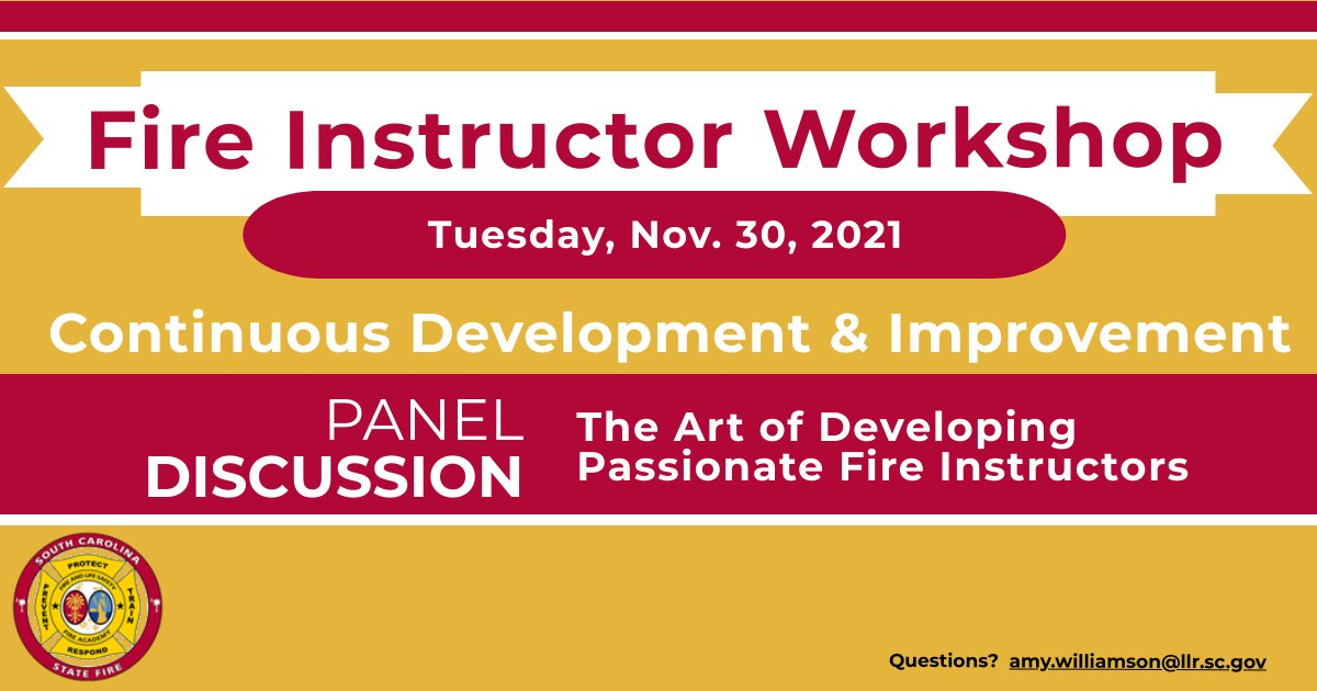 SCStateFire's tweet photo. The SCFA is partnering with the SC Society of Fire Service Instructors to host, on Tuesday, Nov. 30, a FREE Instructor Development Workshop on the Academy’s campus. 
Visit: https://t.co/OS0EPYpA3C https://t.co/jaHJ3XTdQ4
