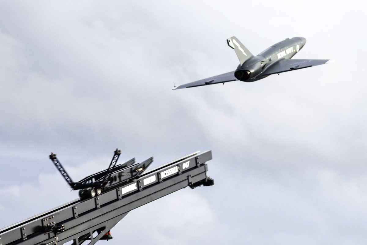 HMSPWLS's tweet photo. A flight into the the future!

We've conducted the first jet drone launches from a @RoyalNavy ship! 

An @HMSPWLS &amp; @QinetiQ team collaboration to successfully launch the #Banshee.

🚢🛫🕹 

#PWLSatSea #Wholeforce #NATO https://t.co/io9iWgE4W1