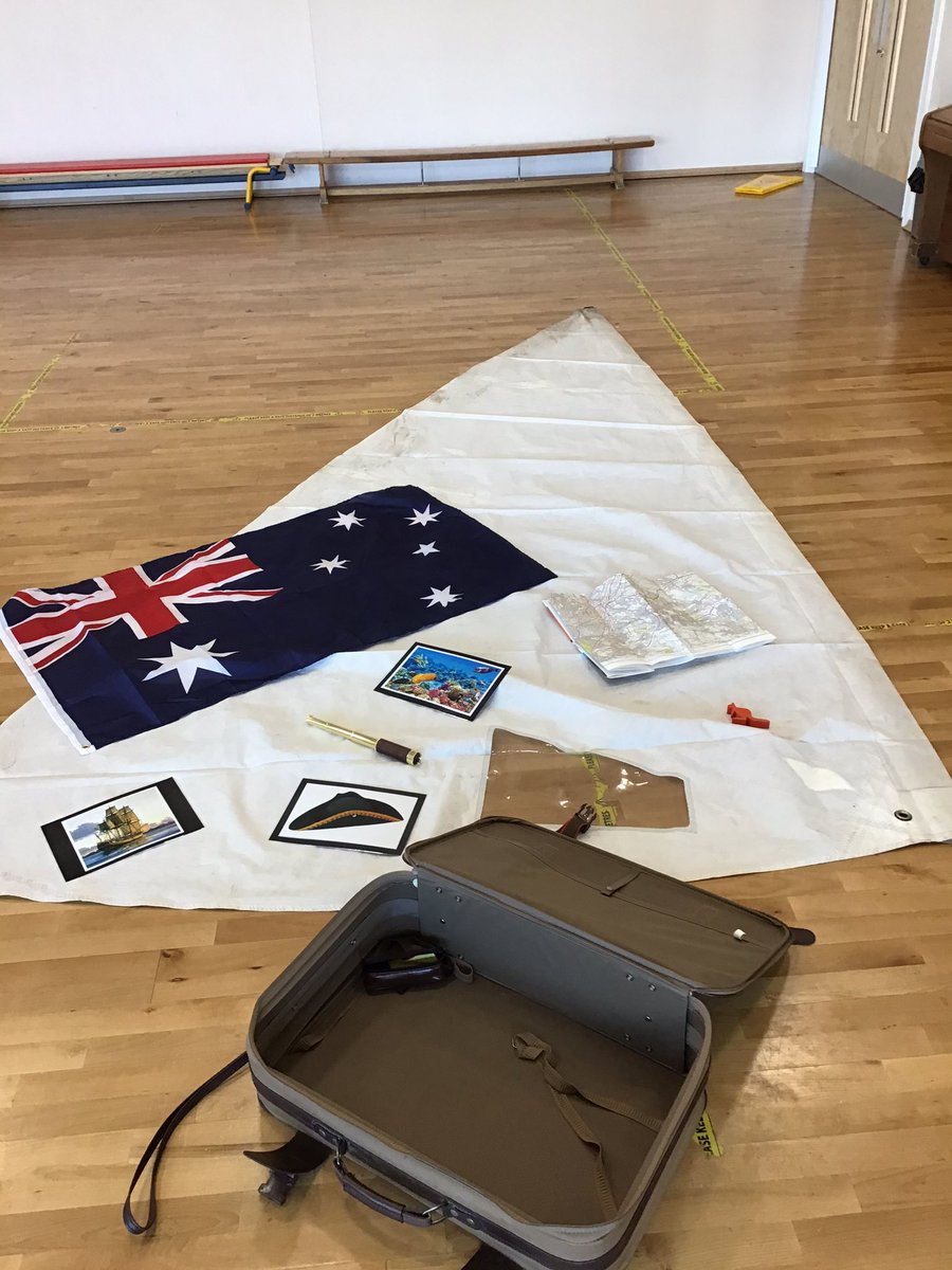 PindersPrimary's tweet photo. KS1 have opened the suitcase. Here’s what what was inside. A Australian flag, sail, telescope, kangaroo, map and some photographs. Who could this belong to? #PPEnglish https://t.co/QrbMo4otnU