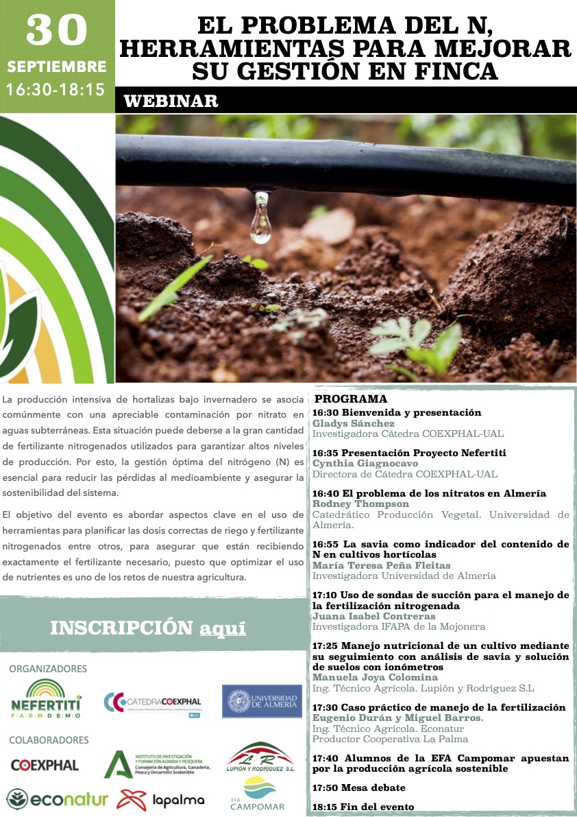 Mañana jueves 30 de septiembre, en horario de 16:30 a 18:15 Webinar: "El problema del N, herramientas para mejorar su gestión en finca" organizado por <a href="/nefertiti_ual/">Nefertiti UAL</a>. Inscripción: forms.gle/hwd6cg1YZtn863…