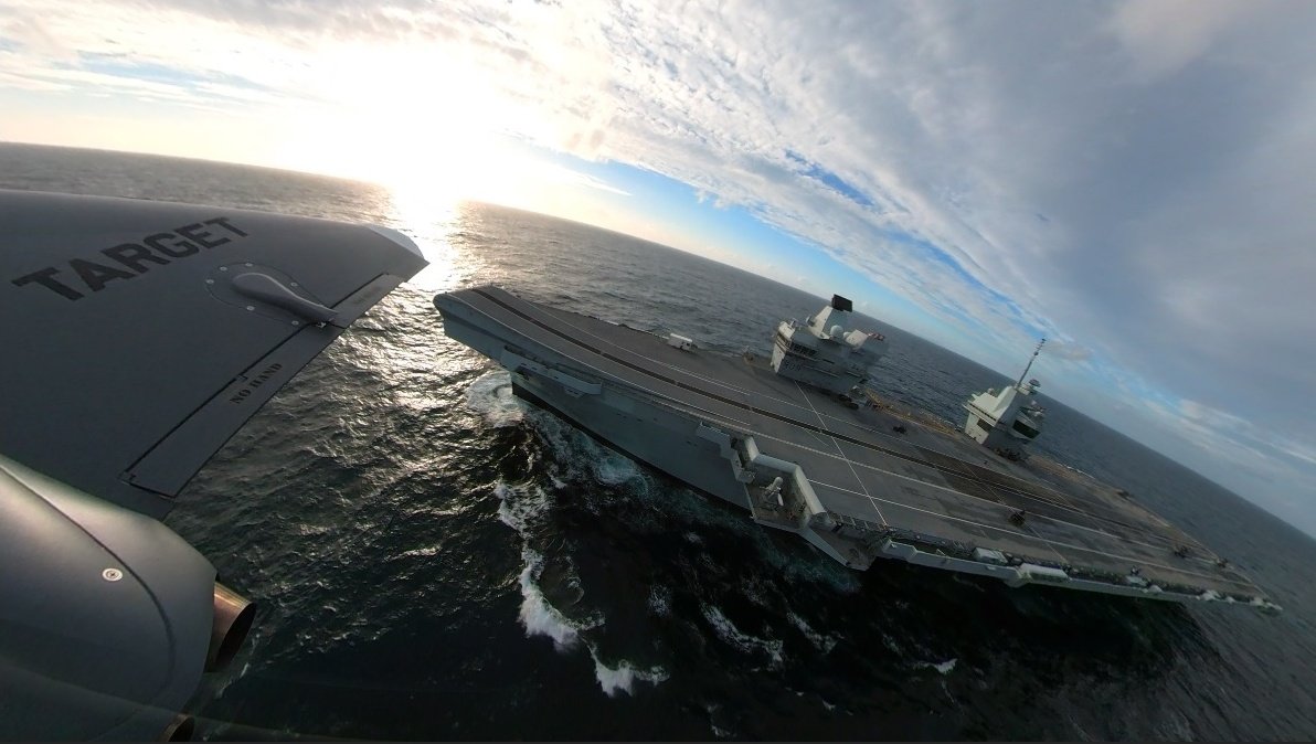 HMSPWLS's tweet photo. A flight into the the future!

We've conducted the first jet drone launches from a @RoyalNavy ship! 

An @HMSPWLS &amp; @QinetiQ team collaboration to successfully launch the #Banshee.

🚢🛫🕹 

#PWLSatSea #Wholeforce #NATO https://t.co/io9iWgE4W1