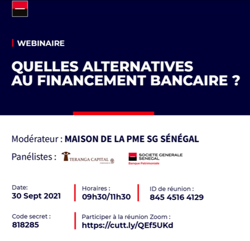 #SAVETHEDATE !
Quelles sont les alternatives au #financement bancaire ? La réponse demain, à partir de 9h30 !
Joignez-nous au webinaire 100% gratuit organisé par <a href="/SG_Senegal/">Société Générale Sénégal</a> auquel nous aurons le plaisir d'intervenir !
RDV jeudi 30/09 sur Zoom : 👉 cutt.ly/QEf5UKd