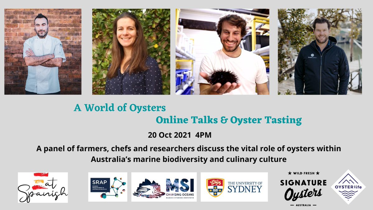 Meet our speakers - are #oysters the food of love? Want to know more about these amazing creatures? Join the conversation and online BYO oyster tasting  bit.ly/3CoJkca <a href="/DrABugnot/">Dr Ana Bugnot</a> <a href="/MitchTGibbs/">Mitch Gibbs, PhD</a> <a href="/eat_spanish/">Eat Spanish</a> <a href="/chefrubenlopez/">Ruben Lopez Mesa l Spanish chef in Australia</a> @smartoysters  <a href="/ewanmcash/">Ewan McAsh</a> @DrAnaVC <a href="/rubio_oysters/">Ana Rubio</a>