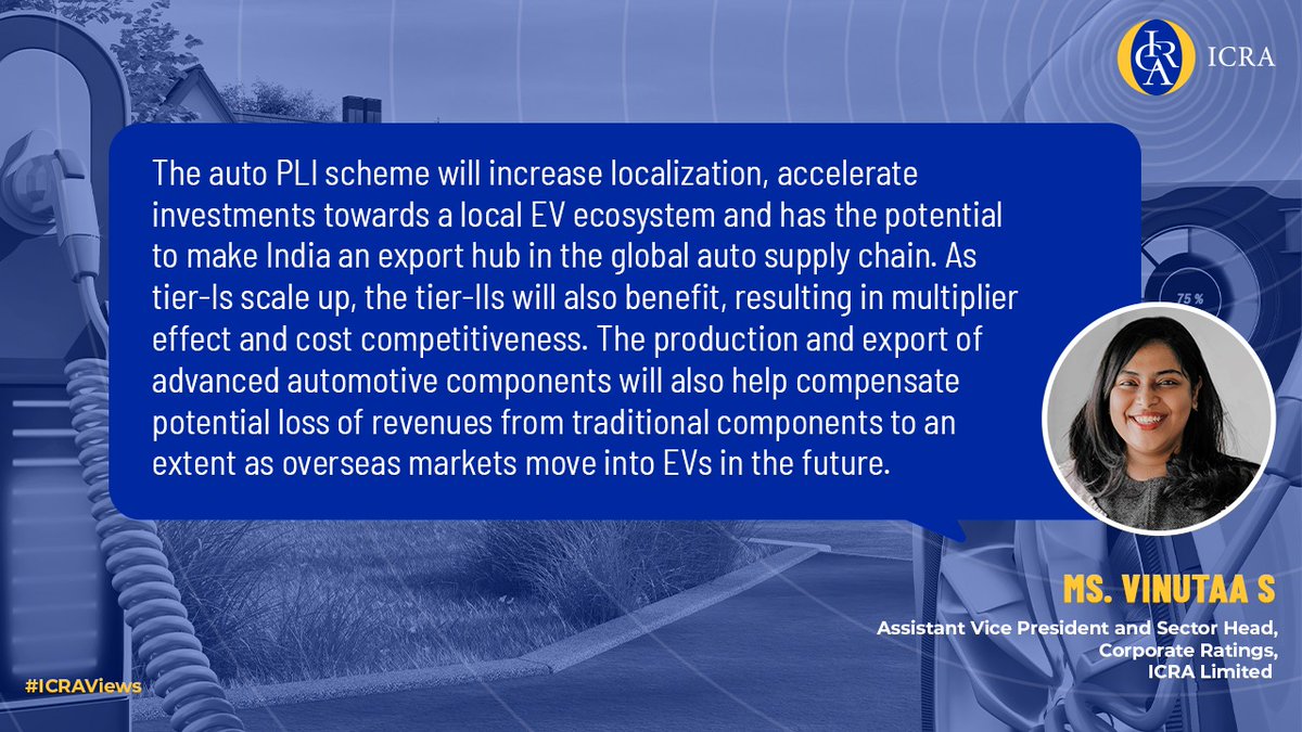 ICRALimited's tweet photo. Ms. Vinutaa S, Assistant Vice President and Sector Head, Corporate Ratings, ICRA Limited, explains how the PLI scheme will encourage investments in advanced auto technologies in India and create a local EV ecosystem. 

#ICRAViews #PLIScheme #ElectricVehicles https://t.co/SkSqfT7ABx