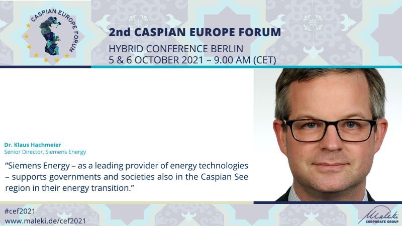 How can we meet the growing #globaldemand for #energy while transitioning to a more #sustainableworld? 🌍💡 Dr. Klaus Hochmeier, Senior Director at @Siemens_Energy, is convinced that Siemens Energy plays a crucial role in the #caspianseeregion. #CaspianEuropeForum2021. 🌊⚓