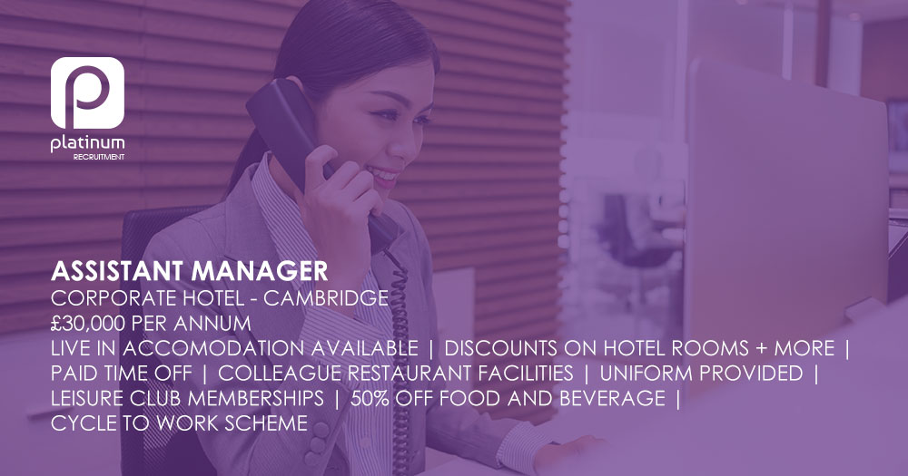 PlatinumRecHQ's tweet image. Our client, largest hotel group in the world, is looking for an #AssistantManager to join their team in #Cambridge. Endless benefits include £30k/yr, live-in accommodation, discounts on hotel rooms, leisure club memberships &amp;amp; more!
Find out more today 👉 bit.ly/2ZLgoND