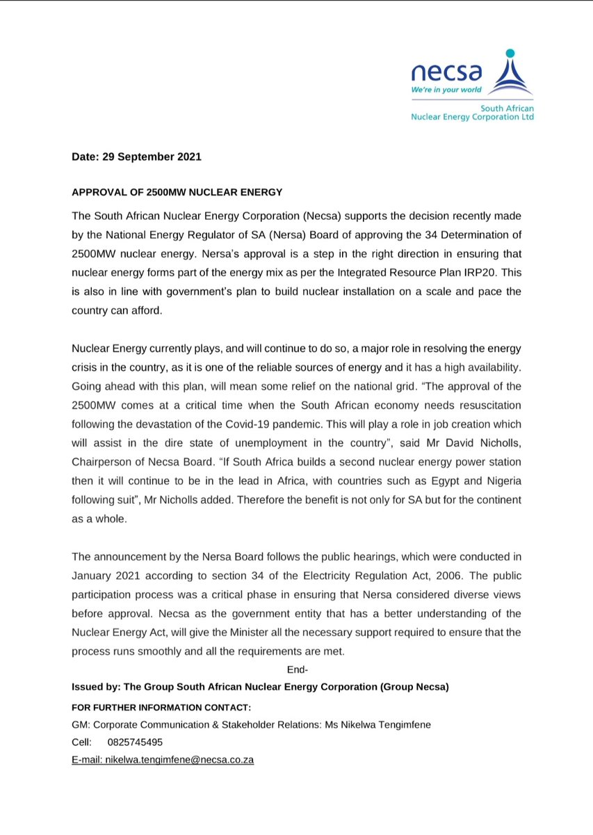 necsa_Ltd's tweet photo. APPROVAL OF 2500MW NUCLEAR ENERGY (Necsa Media Statement)
@ESIAfrica @News24 @IOL @BDliveSA @eNCA @W_Nuclear_News @EngNewsZA @BusinessReport @CapeTimesSA @Kormorant @MorningLiveSABC @SABCNewsAtOne @SAfmnews @Powerfm987 https://t.co/4OZDFt9rYM