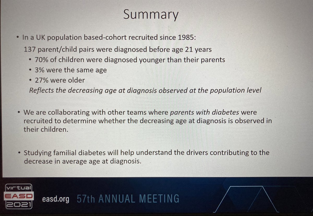 Moodwife's tweet photo. @KGillespieBris presents the findings from the BOX Family Study. The increase in #T1D diagnosis at an earlier age of children of parents with #T1D does have some confounding factors but, for the most part, reflects global trends #dedoc #EASD2021 https://t.co/twKz6bVUSC