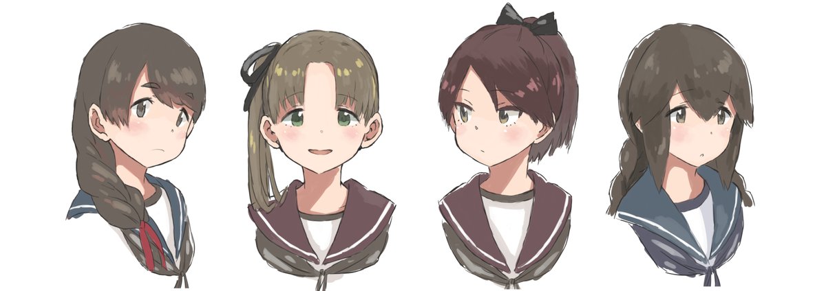 ayanami (kancolle) ,isonami (kancolle) ,shikinami (kancolle) multiple girls 4girls braid brown hair school uniform long hair serafuku  illustration images