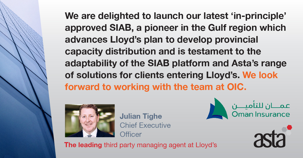Congratulations to the <a href="/OmanInsuranceCo/">Oman Insurance</a> team on their in-principle approval of <a href="/LloydsofLondon/">Lloyd's</a>  syndicate 2880. Our latest Syndicate-in-a-Box and our sixth new business launch for 2021. team. bit.ly/39PpSJs #TheAstaAdvantage #successthroughpartnerhip #teamwork