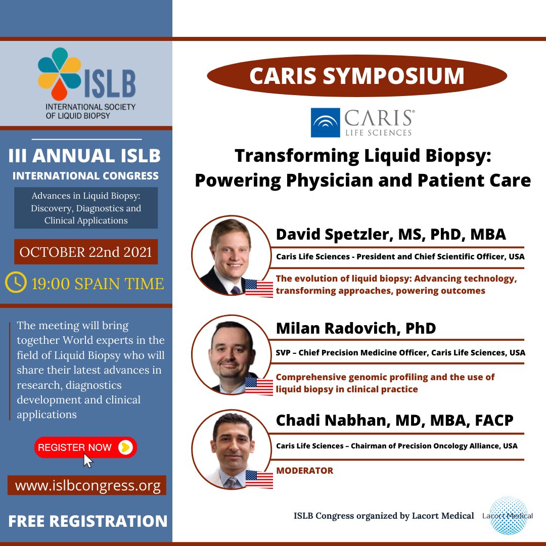isliquidbiopsy's tweet photo. 🗣️We cordially invite you to register for FREE to the
Caris Symposium on:
🩸Transforming Liquid Biopsy:  
Powering Physician and Patient Care

🗓️October 22nd 2021
🕖19:00 Spain local time
REGISTRATION👇
https://t.co/ySePBukobk
@ChristianRolfo 
@UmbertoMalapel1 
@MJOSESERRANO19 https://t.co/Kj7NFP2oqL