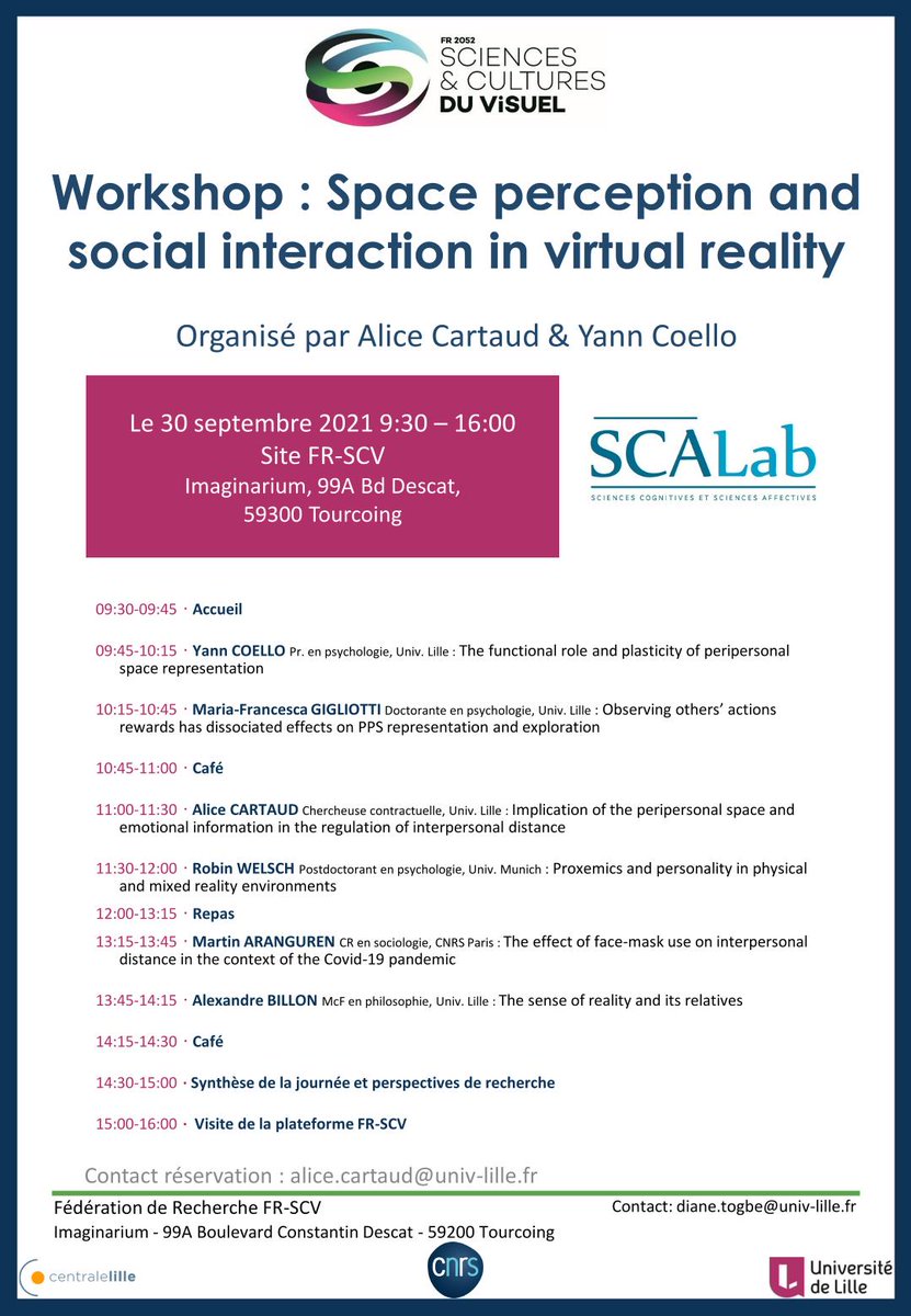 FR_SCV's tweet image. Le workshop Space perception and social interaction in virtual reality organisé par @CartaudA &amp;amp; @YannCoello de #SCALab @univ_lille @CNRS_HdF  c&apos;est demain sur le site FR-SCV de 9h30 à 16h 
lien zoom univ-lille-fr.zoom.us/j/91040990782?…
détails: fr-scv.fr/?p=212