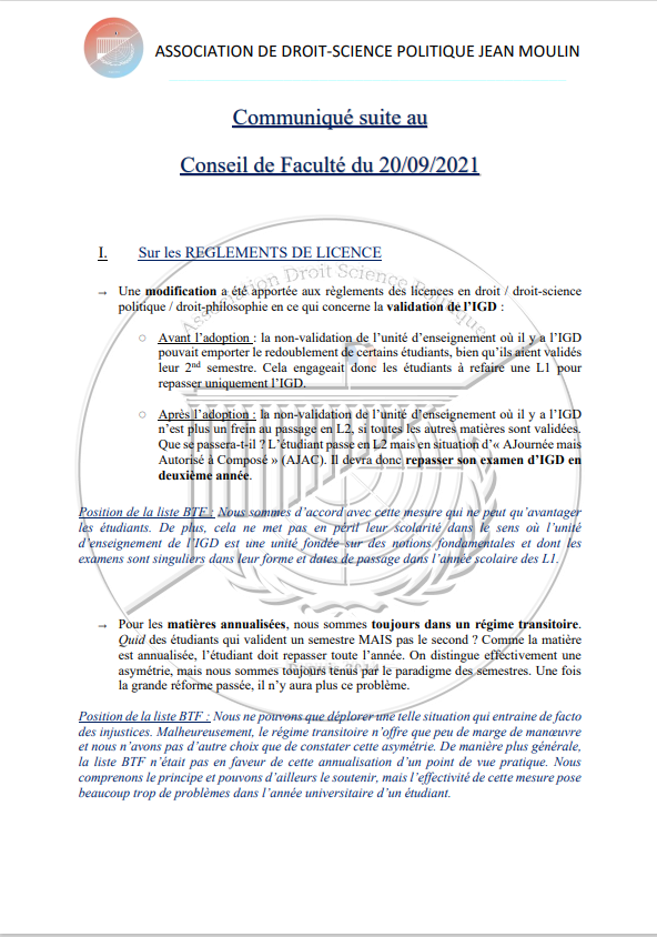 ADSP_Lyon3's tweet photo. L'ADSP, sur la liste de Bouge Ta Fac, a assisté au Conseil de Faculté du 20 septembre dernier. 👨‍💻
Trois points essentiels ont été abordés : règlement de la licence, conventions, et admissions en Master. 
Nous vous faisons ainsi parvenir ce qu'il en est ressorti. 🧐
Bonne journée! https://t.co/1VTfXE9tym