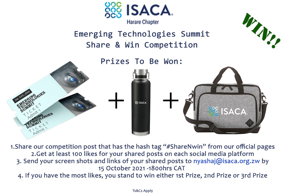 WIN WIN WIN!
Simply Share our Post with the hash-tag #ShareNwin and stand a chance to win!

Share the post from each of our ISACA Harare Chapter Pages:
facebook.com/ISACAHarareCha…
linkedin.com/company/isaca-…
x.com/HarareIsaca
#IsacaHreETS #ETS2021 #IsacaHarare
