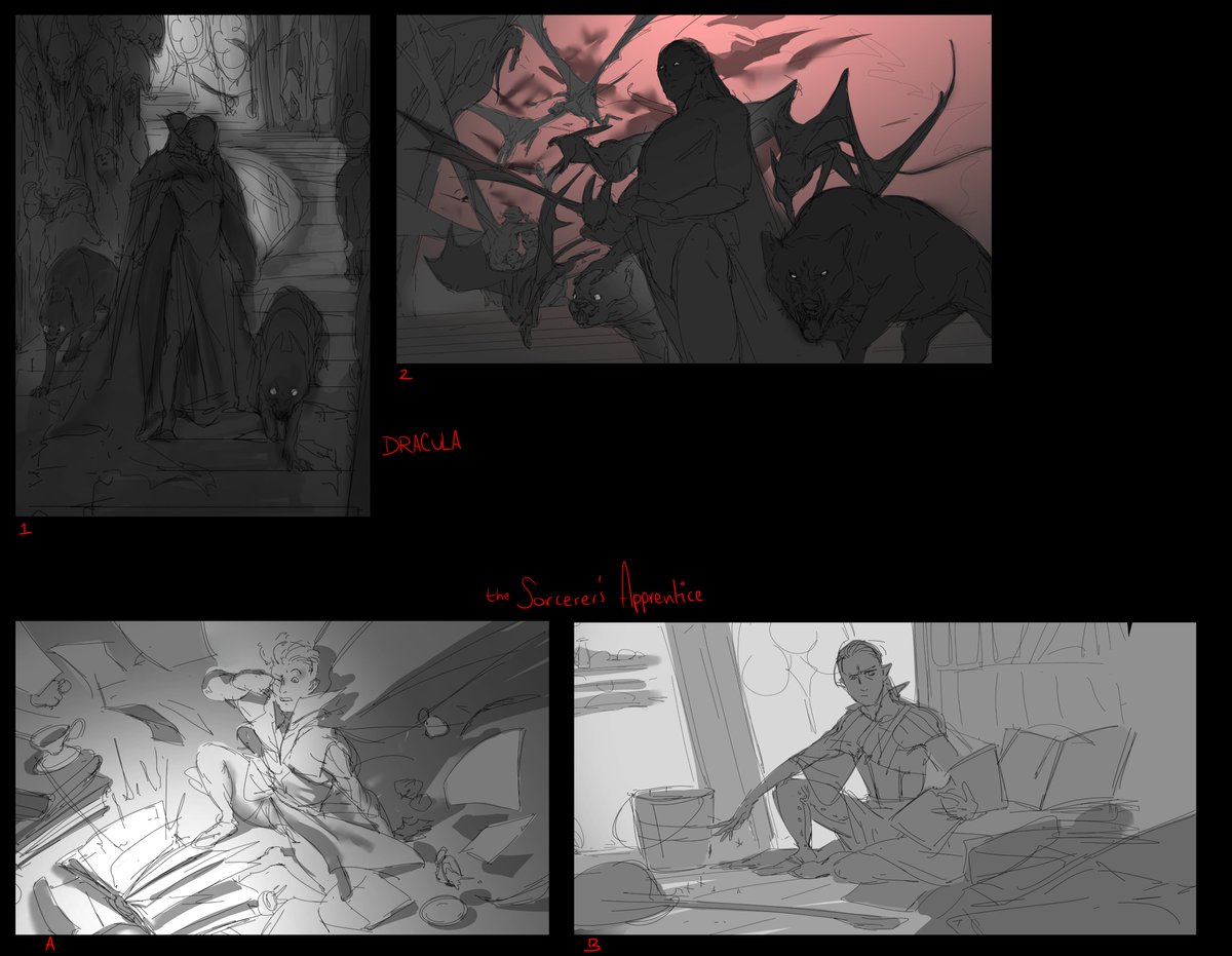 Taking Cynthia Sheppard's narrative illustration class, these are my wk3 and wk4 thumbnails, gonna go with dracoola. The assignment is to take a popular story and illustrative it with a strong focus on narrative/emotion. 