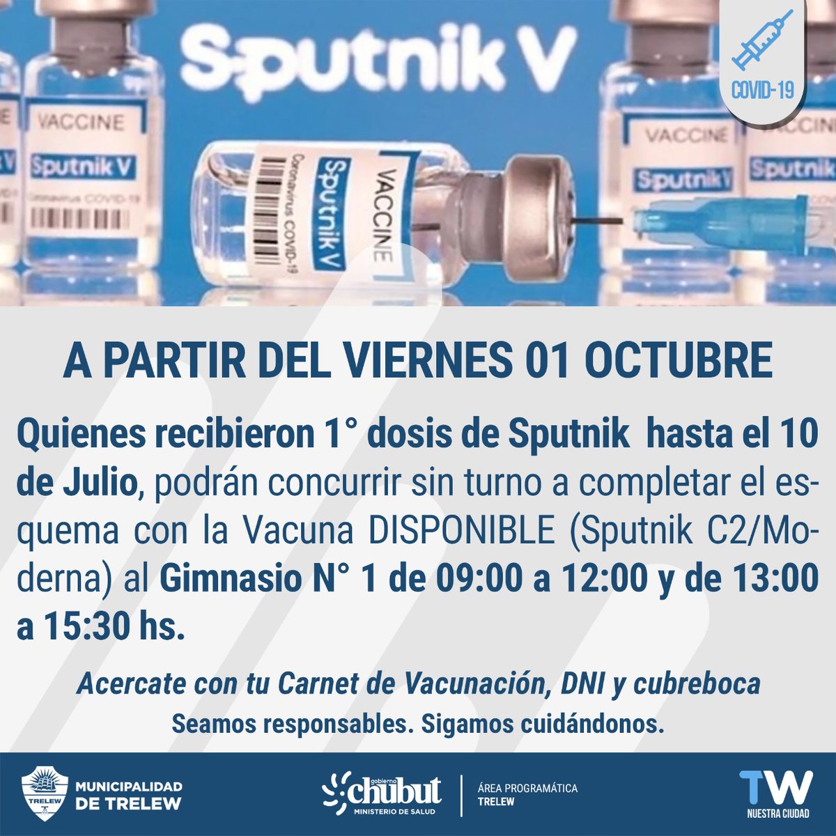 📢#InformaciónImportante || ⚠️Segunda Dosis ⚠️

💉A partir del viernes 1 de octubre, se completará el esquema de vacunación de aquellas personas que hayan recibido la primera dosis de Sputnik V hasta el 10 de julio.