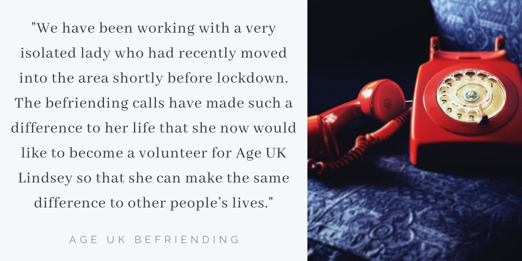 Age UK Lindsey are providing weekly #befriending calls and #wellbeing checks to individuals ☎️ They are also looking for individuals who would like to #volunteer 🙋

If you are interested in either you can call 01507 524242 for more information

#AgeingBetter #EastLindsey