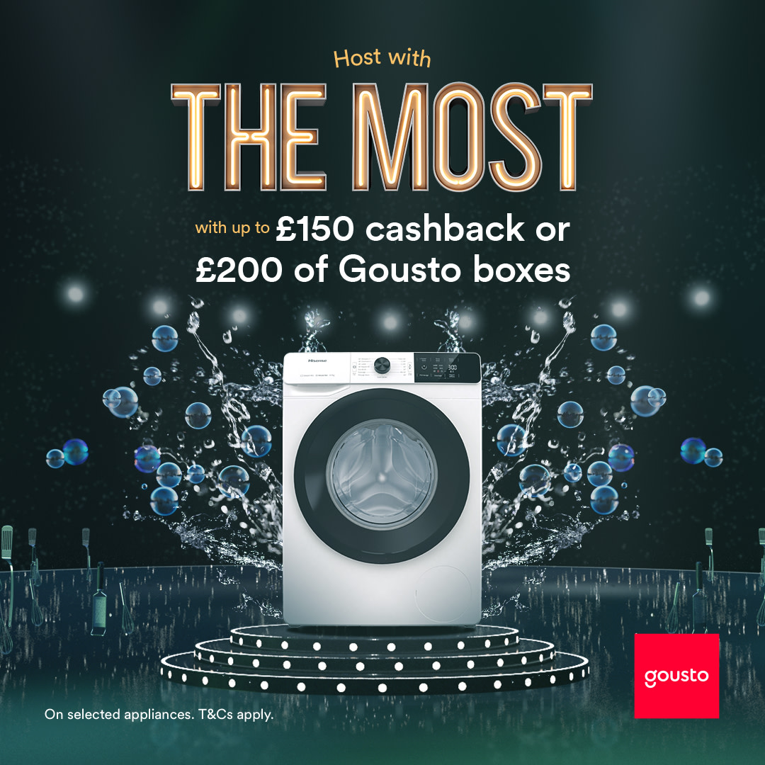 HisenseUK's tweet photo. Make stains vanish and rewards appear with a Hisense washing machine. 

Get up to £150 cashback or up to £200 of Gousto boxes when you buy selected Hisense appliances. 

Dress in your finest and make dinner time showtime. 

#DinnertimeShowtime https://t.co/4ZgIqnizim