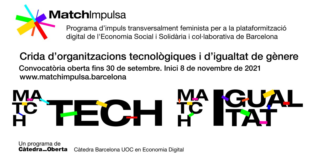 Demà es tanca la convocatòria per formar part de #MatchTech i #MatchIgualtat. Si sou una entitat o empresa que presta serveis de #programarilliure i #codiobert o d'#igualtatdegènere, presenteu-vos-hi!

👉matchimpulsa.barcelona/crida-organitz…