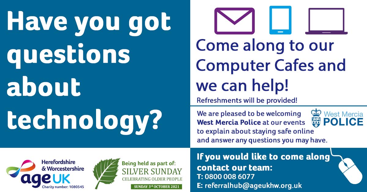 Age UK H&W (@ageukhw) on Twitter photo It's just 1 week to go until our <a href="/SilverSundayUK/">Silver Sunday</a> FREE Computer Cafe! Join us at our #Worcester Malvern Gate office between 2pm-6pm where we can answer your questions about technology! 💻We'll be joined by <a href="/WMerciaPolice/">West Mercia Police</a> and @hwworcs 👏 Ps There will be cake!🍰 #worcestershirehour It's just 1 week to go until our <a href="/SilverSundayUK/">Silver Sunday</a> FREE Computer Cafe! Join us at our #Worcester Malvern Gate office between 2pm-6pm where we can answer your questions about technology! 💻We'll be joined by <a href="/WMerciaPolice/">West Mercia Police</a> and @hwworcs 👏 Ps There will be cake!🍰 #worcestershirehour