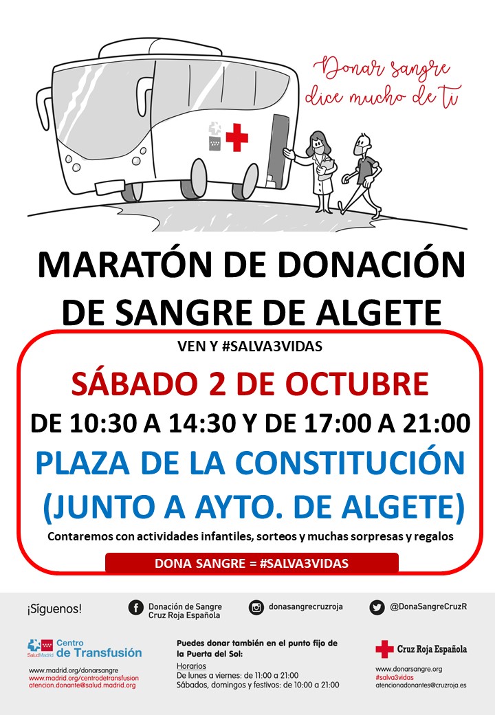 💉 MARATÓN SOLIDARIO DE DONACIÓN DE SANGRE 💉
🩸 ¡VEN Y #SALVAVIDAS! 🩸

¡BUENOS DÍAS!

SÁBADO 2 DE OCTUBRE 

📍 El equipo de donación estará ubicado en la Plaza de la Constitución de Algete 
🕑 Horario de 10:30 a 14:30 y de 17:00 a 21:00 h.

<a href="/cruzrojaesp/">Cruz Roja Española</a> <a href="/algeteacode/">ACODE</a>