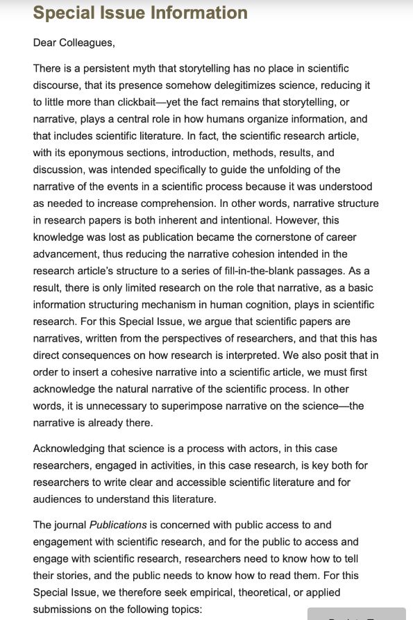 Pls Retweet

Call for papers:

Special Issue "Writing, Reading and Crafting Narratives in Scientific Publication"

mdpi.com/journal/public…

*** Note that papers invited directly by the editors will have no processing charges.

#OpenScience #OpenAccess