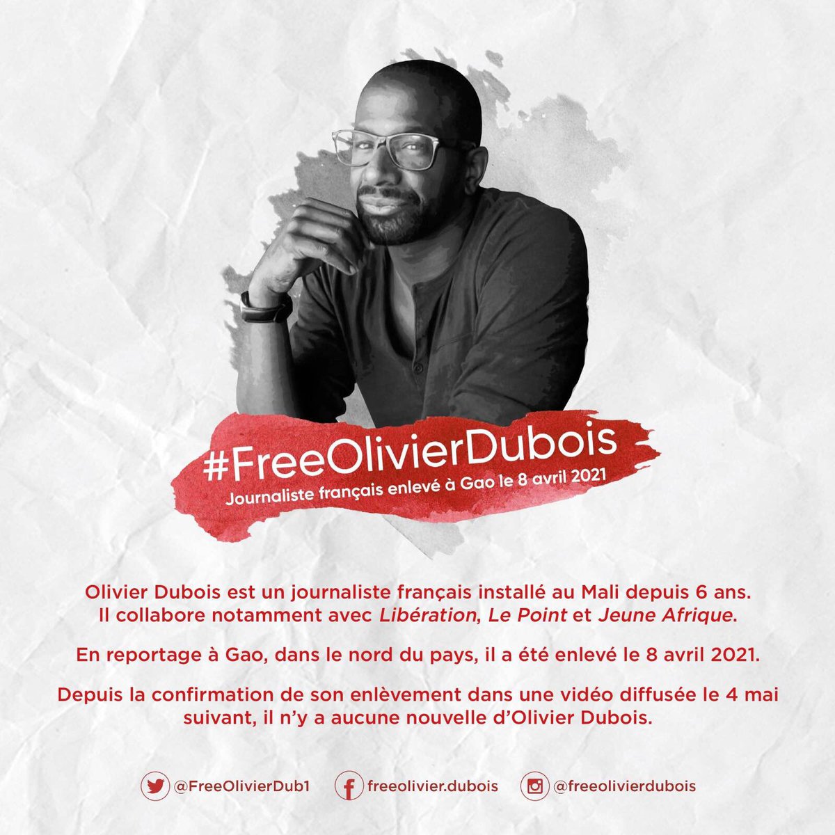 Bientôt 6 mois qu'Olivier Dubois est otage au Mali. Ne l'oublions pas ! Parlons de lui chaque jour ! Passons l'information de sa situation. #FreeOlivierDubois