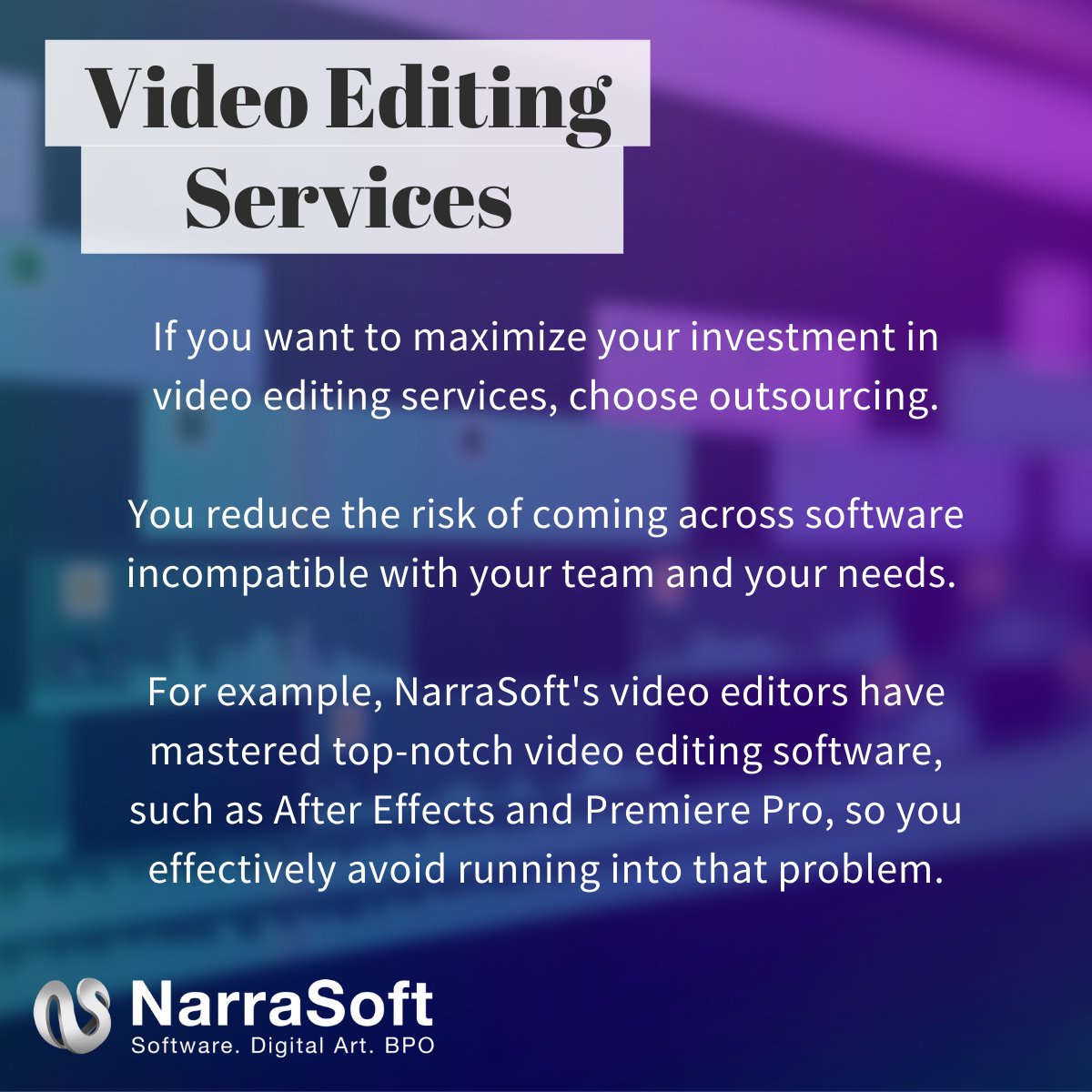 narrasoft's tweet photo. Outsourcing #videoediting services reduces the chances of your investment going to waste! Learn why by reading our post below.
#videoexplainers #videoeditors #videoeditor #videomarketing #videooutsourcing #videoexplainer #videoeditingoutsourcing #partnership #NarraSoft https://t.co/J8xGYI7zlF