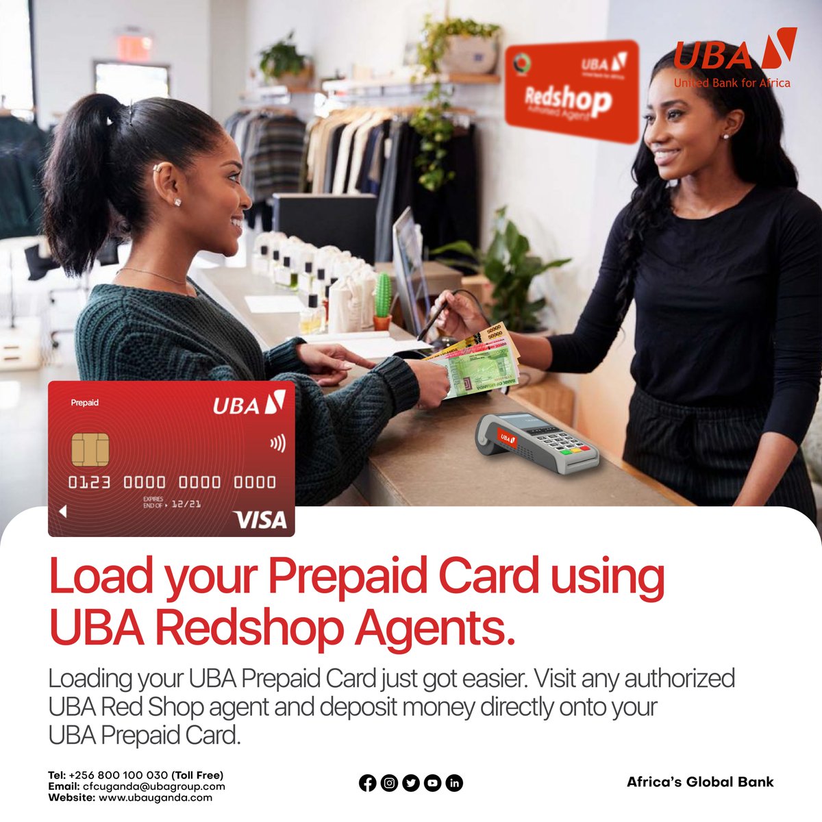UBAUganda's tweet photo. You can now Load your UBA Prepaid Card from an authorised #UBARedshopAgent in your neighbourhood without coming to the bank.
Simply visit any authorised UBA Redshop Agent with a UBA Prepaid Card or Card Number and Deposit fee of Ugx. 2,300.
#PrepaidCardLaod #AgentBanking https://t.co/KkWBvl4Nh9