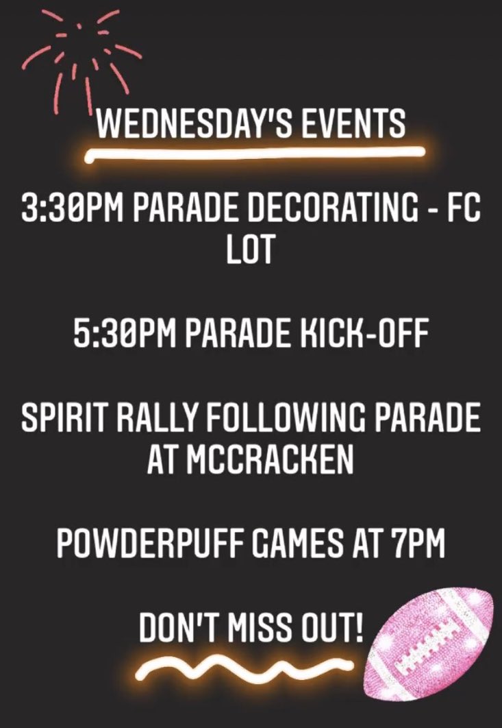 ATTENTION JUNIORS!!! These are the events going on today!! Wear your warriors gear and cheer on powderpuff tonight! #99problemsbut2023aintone #warriorwednesday